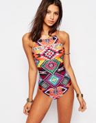 Jaded London Printed Lace Up Back Swimsuit - Multi