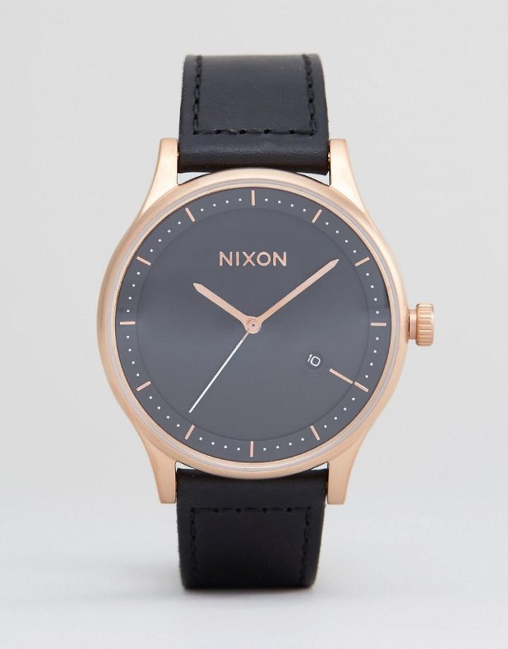 Nixon Station Leather Watch In Black & Rose Gold - Black