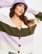 Vero Moda Striped V Neck Cardigan In Cream And Lilac-multi