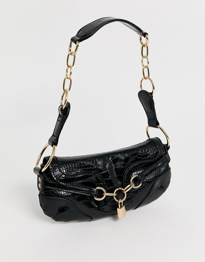 Asos Design Croc 90s Shoulder Bag With Padlock Detail-black
