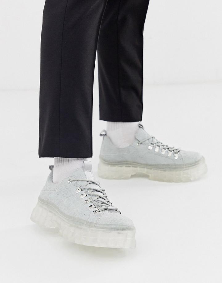 Asos Design Lace Up Shoes In Gray Suede With Chunky Sole - Gray