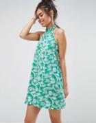 Asos Halter Swing Sundress In Green Palm Print - Multi