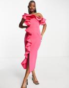 Asos Design Frill Off Shoulder Pencil Midi Dress In Hot Pink