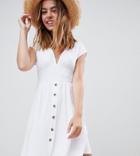 Asos Design Petite Mini Dress With Belt And Tortoiseshell Buttons - White
