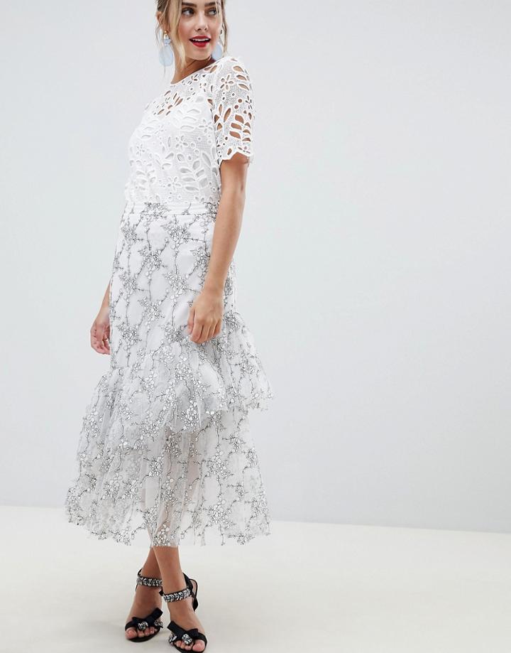 Asos Design Premium Floral Lace Midi Skirt-multi