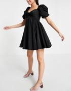 Asos Design Puff Sleeve Mini Dress With Pleat And Godet Skirt In Black