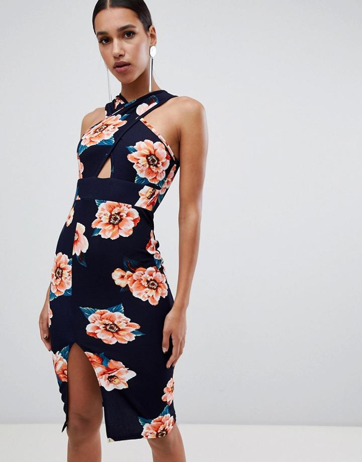 Ax Paris Halterneck Midi Floral Dress - Navy