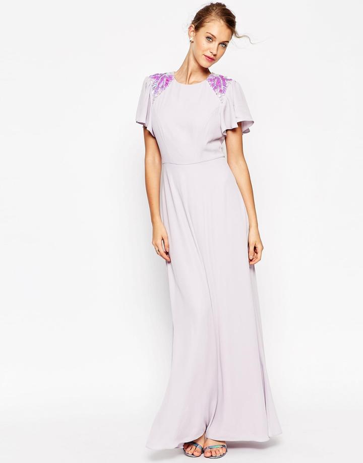 Asos Sleeved Embellished Maxi Dress - Ice Gray