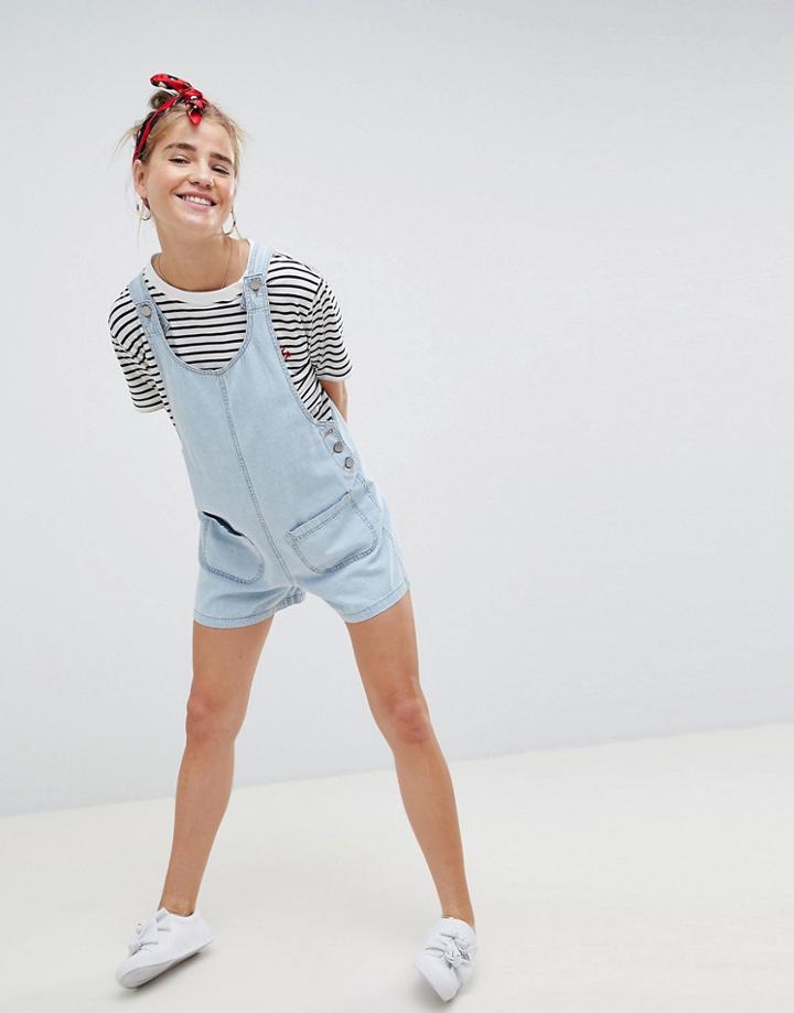 Asos Design Denim Romper In Light Wash Blue - Blue