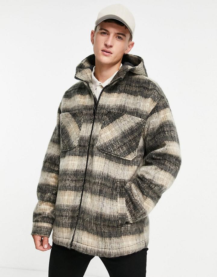Topman Wool Blend Jacket With Hood In Brown Plaid