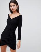 Boohoo Off Shoulder Knitted Wrap Mini Dress In Black - Black