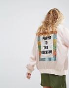 Native Rose Luxury Bomber Jacket With Back Panel Peace Slogan - Nude