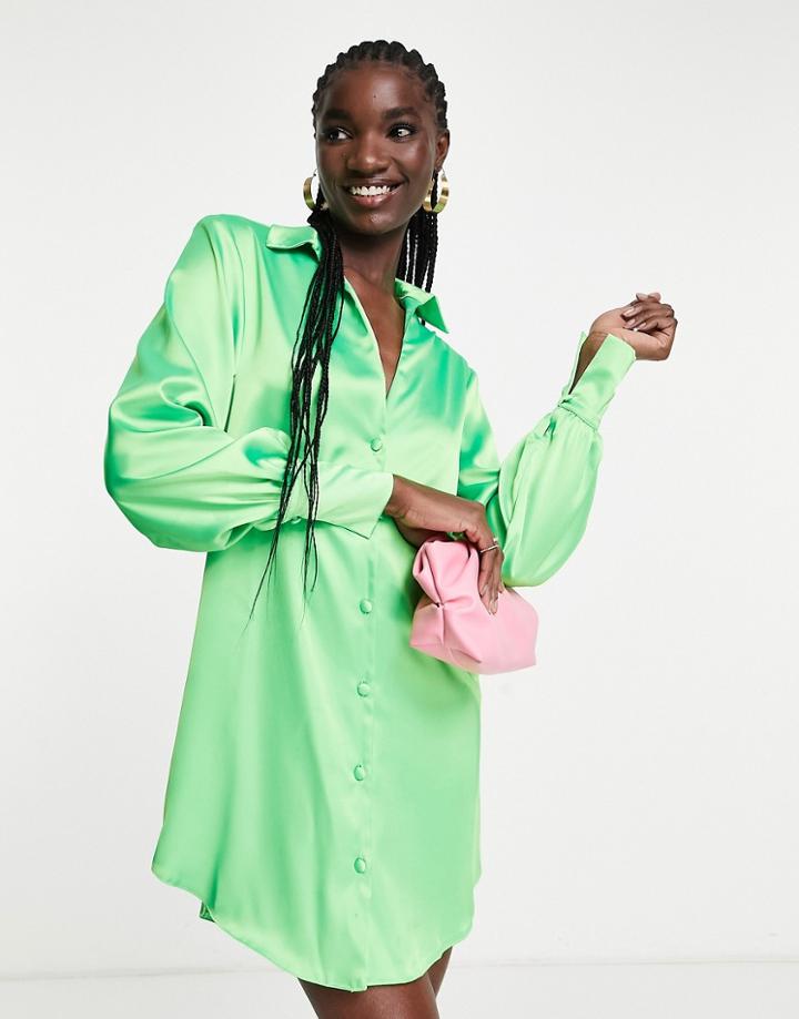 Asos Design Slouchy Satin Plunge Shirt Mini Dress-green