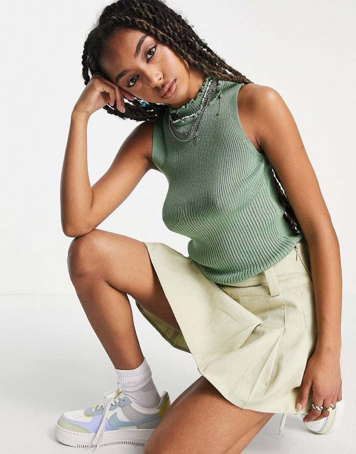 Topshop Knit Sleeveless Ruffle Neck Tank Top In Green-blue