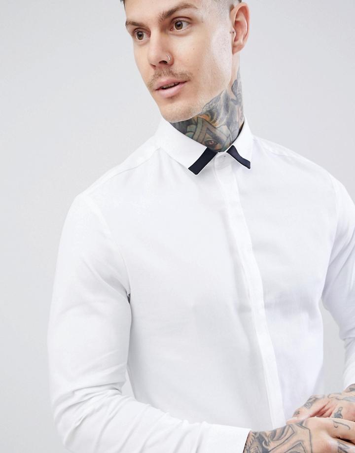 Asos Design Slim Twill Shirt With Collar Contrast Detail In White - White