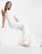 Asos Design Chiffon Top Belted Flared Leg Jumpsuit In White