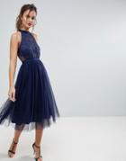 Asos Lace Tulle Pleated Midi Scallop Dress - Multi