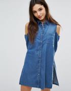 Parisian Cold Shoulder Denim Shirt Dress - Blue