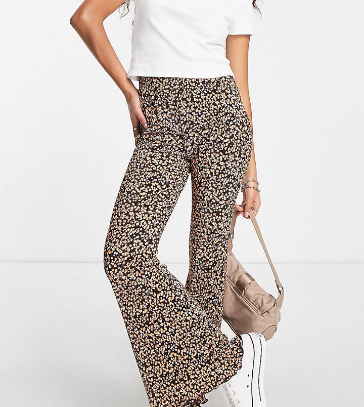 Topshop Petite Floral Print Plisse Flared Pants In Brown