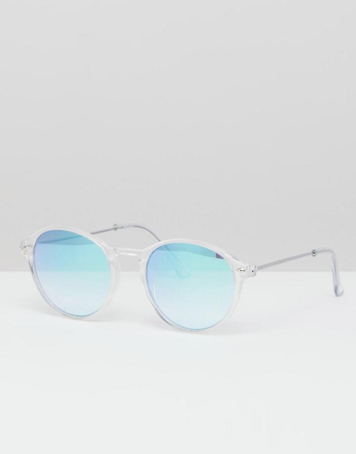 Asos Design Round Sunglasses In Crystal With Blue Revo Lens - Clear