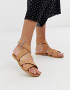 Asos Design Flossy Leather Cross Strap Flat Sandals - Beige