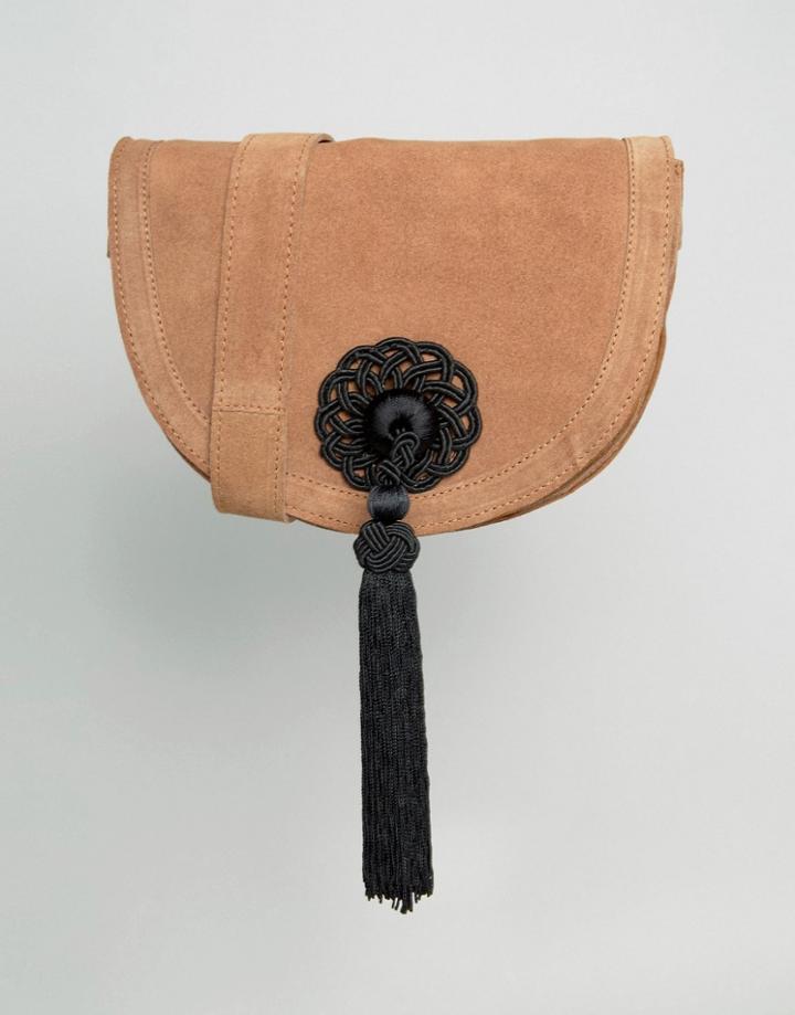 Park Lane Suede Crossbody Bag With Tassel Detail - Tan