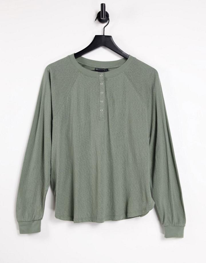 Asos Design Oversize Snap Front Long Sleeve T-shirt In Khaki-green