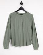 Asos Design Oversize Snap Front Long Sleeve T-shirt In Khaki-green