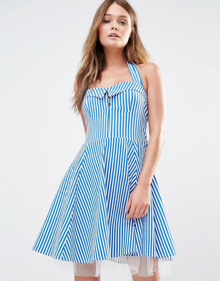 Iska 50's Skater Dress In Stripe - Blue