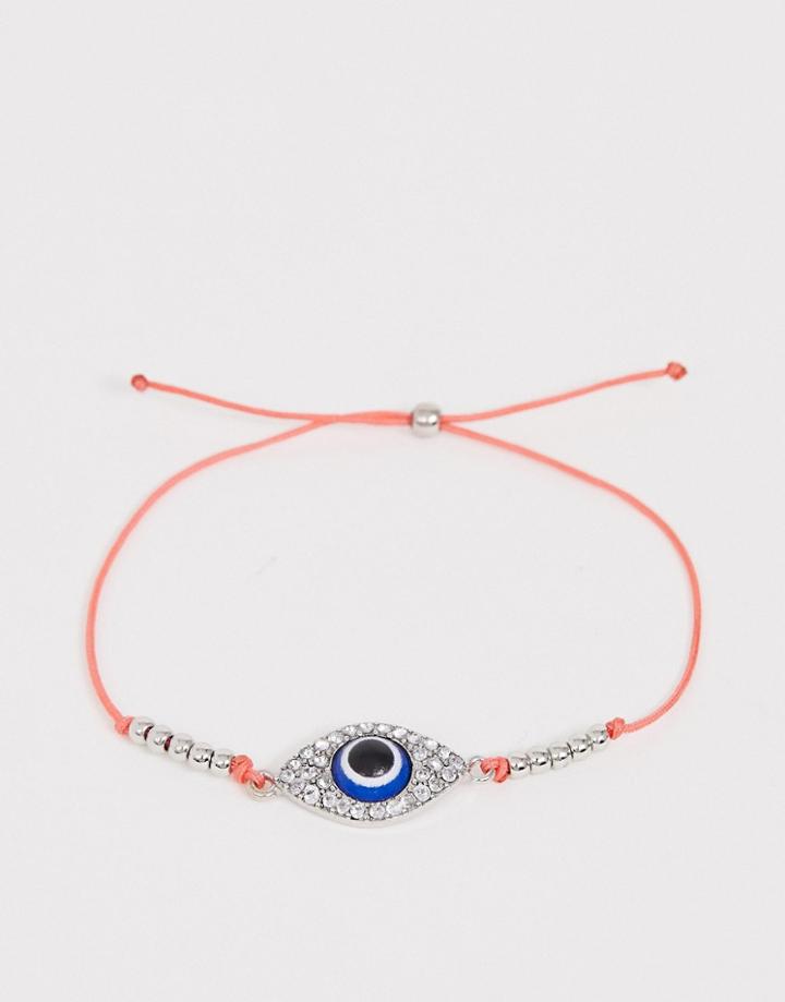 Asos Design Thread Bracelet With Eye Charm And Beads In Silver Tone - Silver