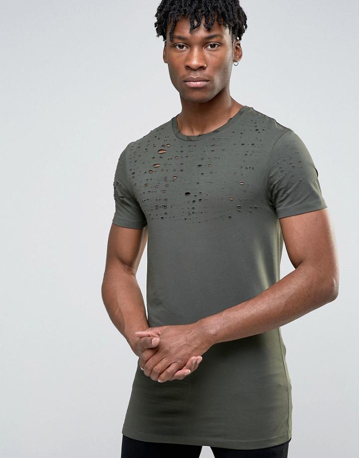 Asos Longline Muscle T-shirt With Distressed Yoke In Green - Green