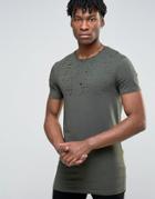 Asos Longline Muscle T-shirt With Distressed Yoke In Green - Green