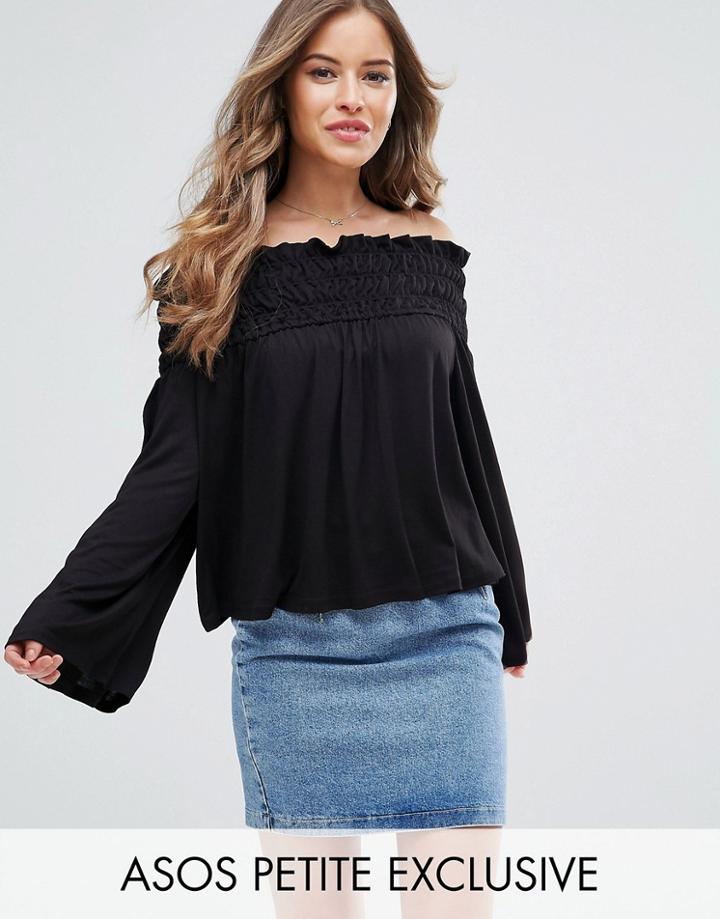 Asos Petite Off Shoulder Top With Shirring Detail - Black