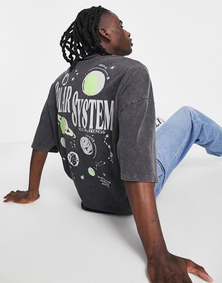 Asos Design Oversized T-shirt In Heavyweight Washed Black With Solar System Back Print