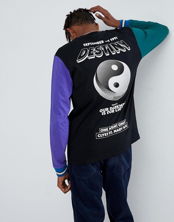 Asos Relaxed Long Sleeve T-shirt With Yin Yang Print & Color Block Sleeves - Black