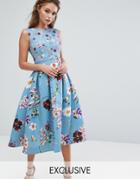 True Violet Floral Debutante Midi Dress With Full Circle Skirt - Multi