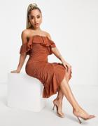 Rare London Off-shoulder Ruffle Draped Mesh Midi Dress In Bronze-brown