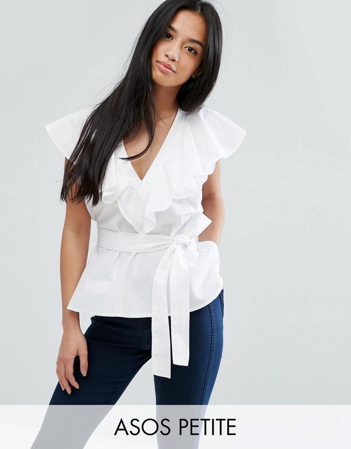 Asos Petite Cotton Blouse With Ruffle Front & Tie Waist - White