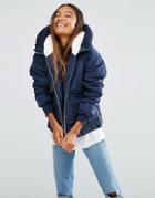 Asos Padded Jacket With Faux Fur Hood And Knitted Trim - Navy