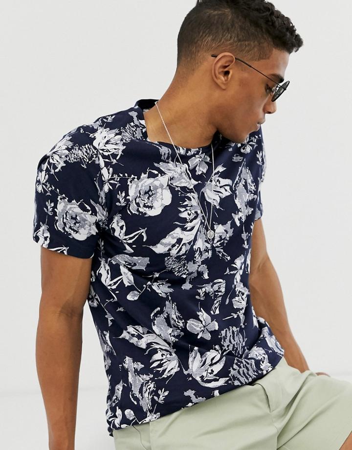 Jack & Jones Premium T-shirt In All Over Tropical Print In Navy