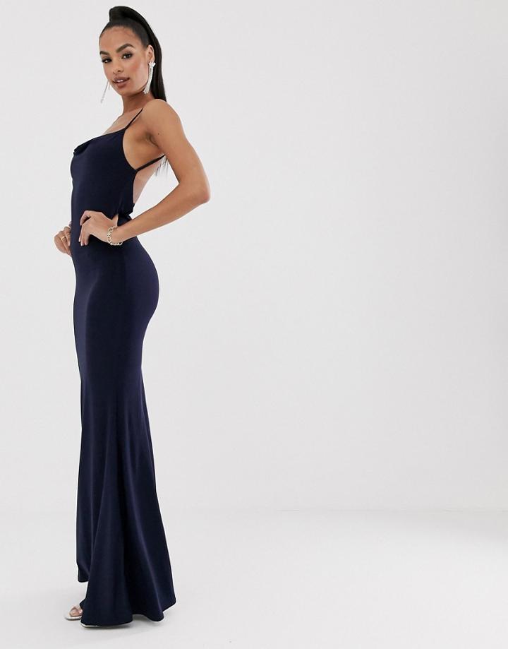 Club L London Cowl Back Lace Insert Maxi Dress-navy