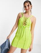 Asos Design Exposed Seam Ribbed Mini Dress With Lace Up Front In Lime-green