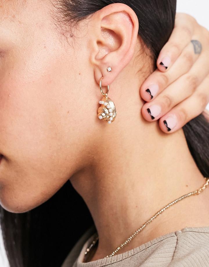 Asos Design Hoop Earring With Shell Charm In Gold Tone