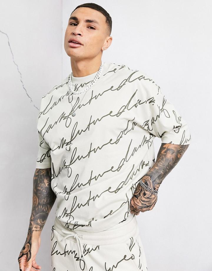 Asos Dark Future Set Oversized All Over Logo Print T-shirt In Neutral