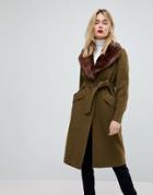 Vero Moda Long Wool Coat With Faux Fur Collar - Green