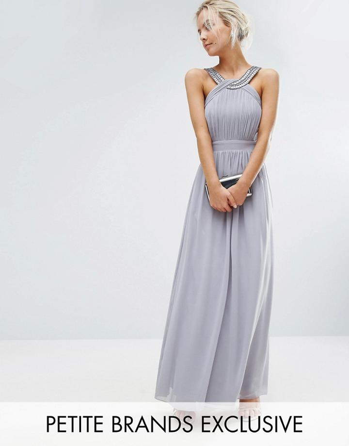 Little Mistress Petite Pleated Maxi Dress With Embellished Neck - Gray