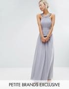 Little Mistress Petite Pleated Maxi Dress With Embellished Neck - Gray