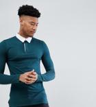 Asos Design Tall Muscle Rugby Polo Shirt With Long Sleeve In Green - Green