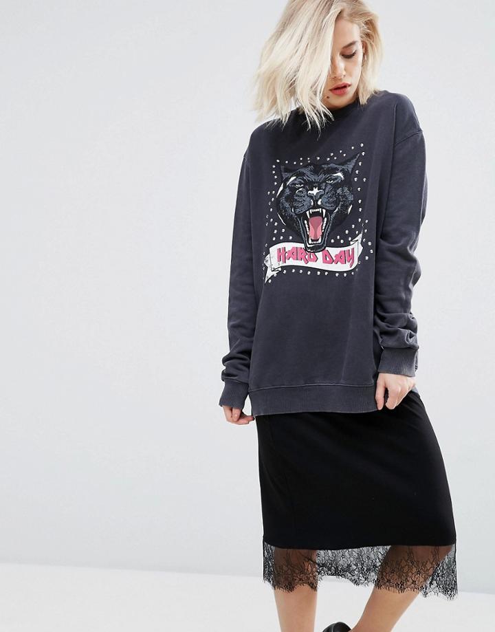 Pull & Bear Cat And Stud Print Sweater - Black