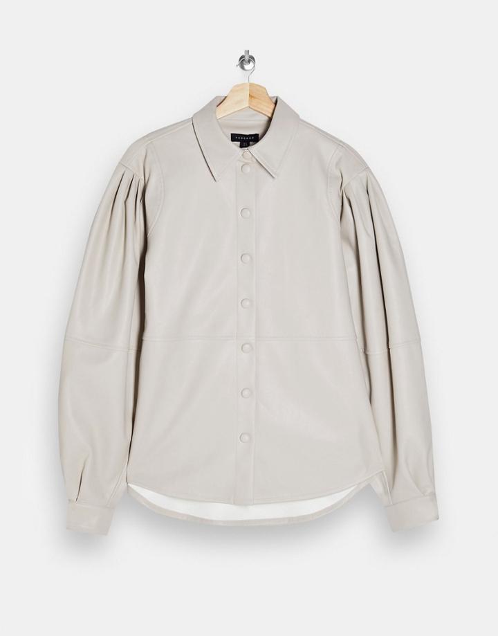 Topshop Idol Faux Leather Seam Detail Shirt In Cream-white
